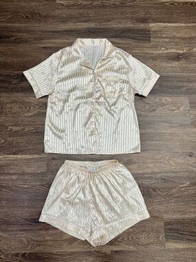 Satin Stripe Pajama Set Champagne Silk Feel Button Top Shorts M